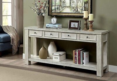 Sofa Table Antique White Rustic Solid wood Storage Open Shelf Bottom Living Room