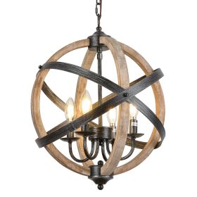 Farmhouse Chandelier Light Fixtures, 4-Light Adjustable Height Dining Room Wood