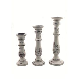 Benzara Distressed Mango Wood Pillar Shaped Candle holder, Set of 3, White