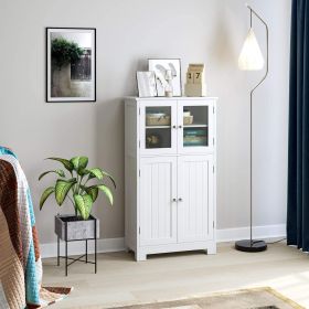 Bathroom storage cabinets; floor to ceiling white linen cabinets with shelves and doors