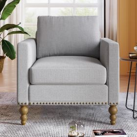 Classic Linen Armchair Accent Chair with Bronze Nailhead Trim Wooden Legs Single Sofa Couch for Living Room; Bedroom; Balcony; Light Gray