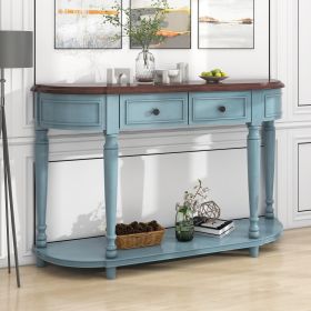 TREXM Retro Circular Curved Design Console Table with Open Style Shelf Solid Wooden Frame and Legs Two Top Drawers (Cherry+Antique Blue)