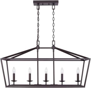 36" 5-Light Black and Polished Chrome Farmhouse Linear Chandelier Fixture with Caged Metal Shade