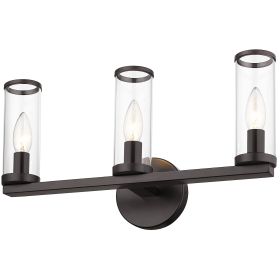 3-Light Bathroom Vanity Light Fixtures with Clear Cylinder Glass Shade;  Industrial Oil Rubbed Bronze Metal Wall Mounted Lighting Over Mirror