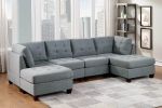 Living Room Furniture Tufted Ottoman Grey Linen Like Fabric 1pc Ottoman Cushion Nail heads Wooden Legs