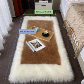 1pc, Soft and Fluffy Sheepskin Rug for Bedroom and Living Room - Non-Slip and Machine Washable Carpet for Dormitory and Room Decor (Color: White + Khaki, size: 23.62*35.43inch)